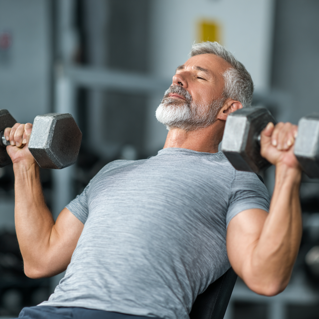 Чоловік 55 років виконує силові вправи з гантелями в спортзалі, демонструючи правильну техніку жиму