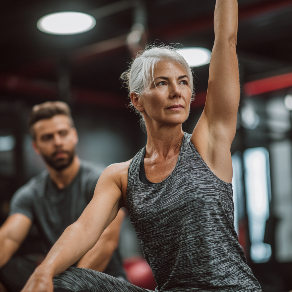 Жінка 58 років займається з персональним тренером у спортзалі, виконуючи вправи на розтяжку та гнучкість