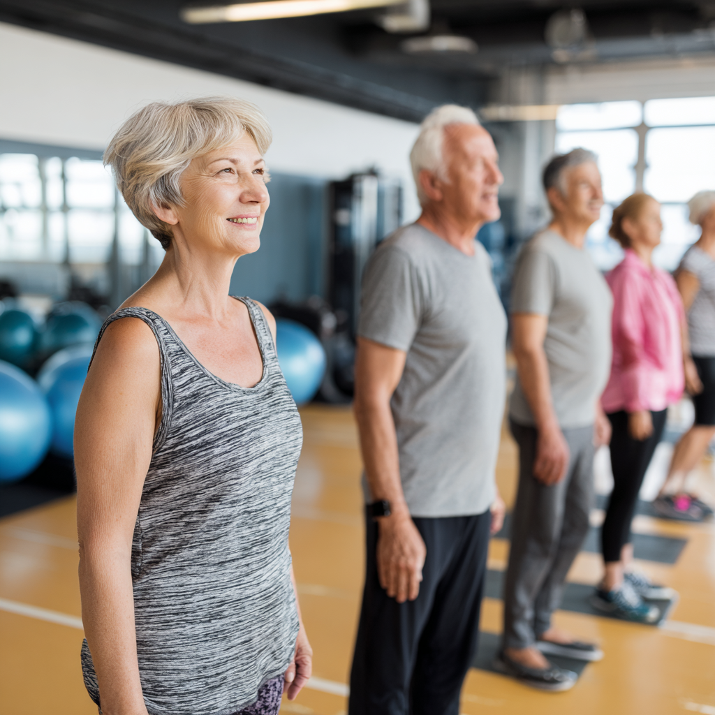 Група людей віком 50-60 років займається груповим фітнесом у просторій залі з сучасним обладнанням