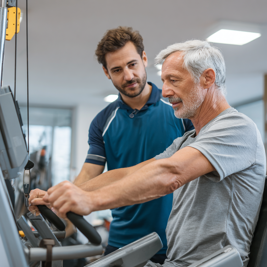 Тренер консультує чоловіка 52 років щодо правильного виконання вправ на тренажерах